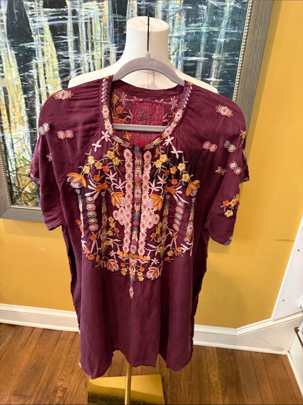 Johnny Was Embroidered Boho Tunic Top - Burgundy
